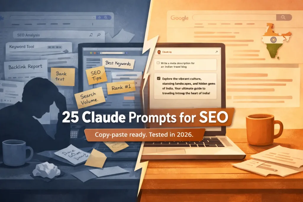25 Claude AI prompts for SEO optimization showing keyword research, content briefs, and technical SEO workflows