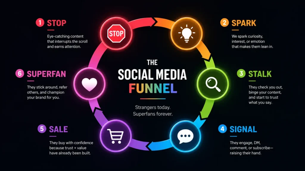 Modern social media funnel stages diagram showing customer journey from awareness to loyalty