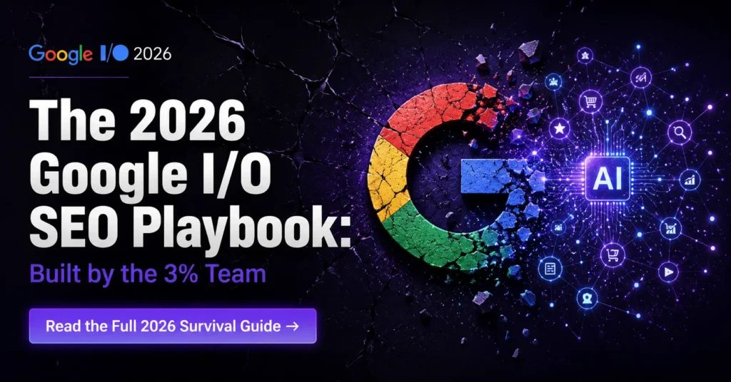 2026 Google I/O SEO Playbook banner with fragmented Google logo transforming into AI nodes on dark purple cracked background and CTA button for AI SEO survival guide